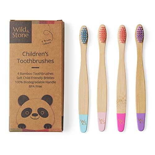 Organic Children's Bamboo Toothbrush | 4 Pack Candy Colour | Soft Fibre Bristles | 100% Biodegradable Handle | BPA Free | Vegan Eco Friendly Kids Toothbrushes by Wild & Stone - DealYaSteal