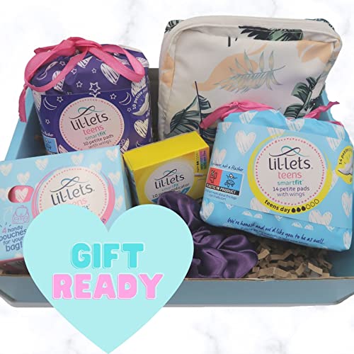 First Period Kit for Girls, with Lil Lets Teen Day & Night Pads, Light Tampons, Panty Liners for Girls, Sanitary Pouch & Satin Hair Scrunchie. All Full Size Products Included in Blue Gift Box - DealYaSteal
