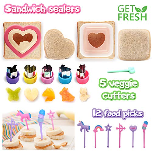 GET FRESH Sandwich Cutters and Sealers for Kids – 20-pcs Sandwich Sealers and Veggie Cutters Set for Children– 2 Bread Cutters and Sealers with 5 Vegetable Shapes and 12 Unicorn Food Picks for Kids - DealYaSteal