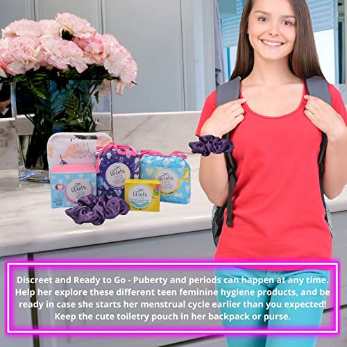 First Period Kit for Girls, with Lil Lets Teen Day & Night Pads, Light Tampons, Panty Liners for Girls, Sanitary Pouch & Satin Hair Scrunchie. All Full Size Products Included in Blue Gift Box - DealYaSteal