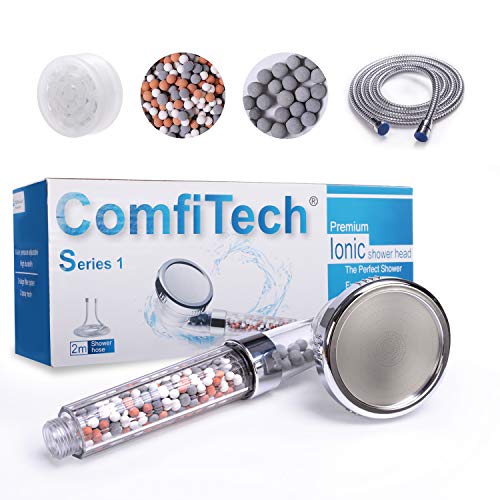 ComfiTech Shower Head, Ionic Shower Head with 2M Shower Hose, Filter Shower Head for Hard Water to Increase Pressure 3 Modes Spray Function Contains Extra Replaceable Filter Beads - DealYaSteal