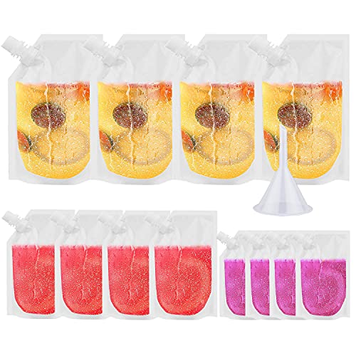 Drink Pouches for Festivals, 12 Pack Juice Pouch Bags Leak Proof with Spouts and Funnel, Plastic Liquor Pouches (250ml, 420ml, 500ml) - DealYaSteal